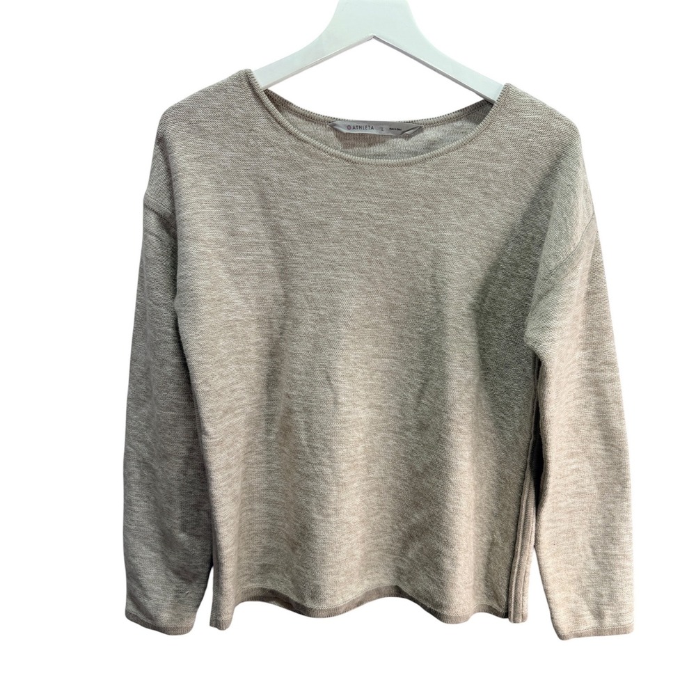 Athleta Sweater Women L Tan Crew Neck Knit Pullover Minimalist Athleisure Top